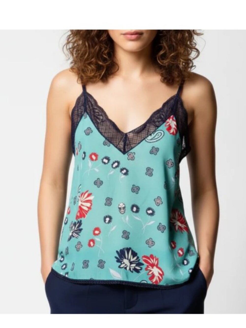 Zadig & Voltaire Christy Blue Silk Camisole Daisy Lace Trim Womens XS